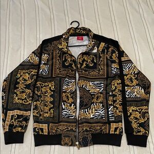 Versace Men's Ornate Black and Gold Bomber Jacket